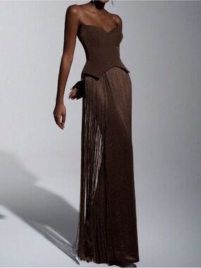 Brown Elegant Women's Glitter Knit Off-Shoulder Tassel Bodycon Dress